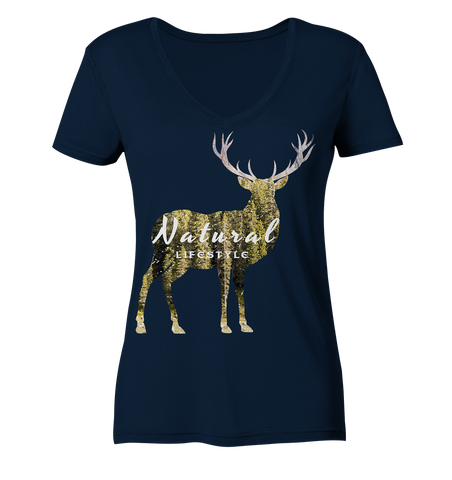 Bio V-Neck Shirt für Damen mit Druck aus Bio Baumwolle - Natural Lifestyle Hirsch | Phaedera
