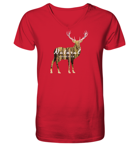 Nachhaltiges T-Shirt V-Ausschnitt Herren | bio & vegan | Hirsch (Rot) | Phaedera UG