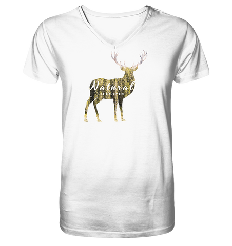 Nachhaltiges T-Shirt V-Ausschnitt Herren | bio & vegan | Hirsch (Weiß) | Phaedera UG